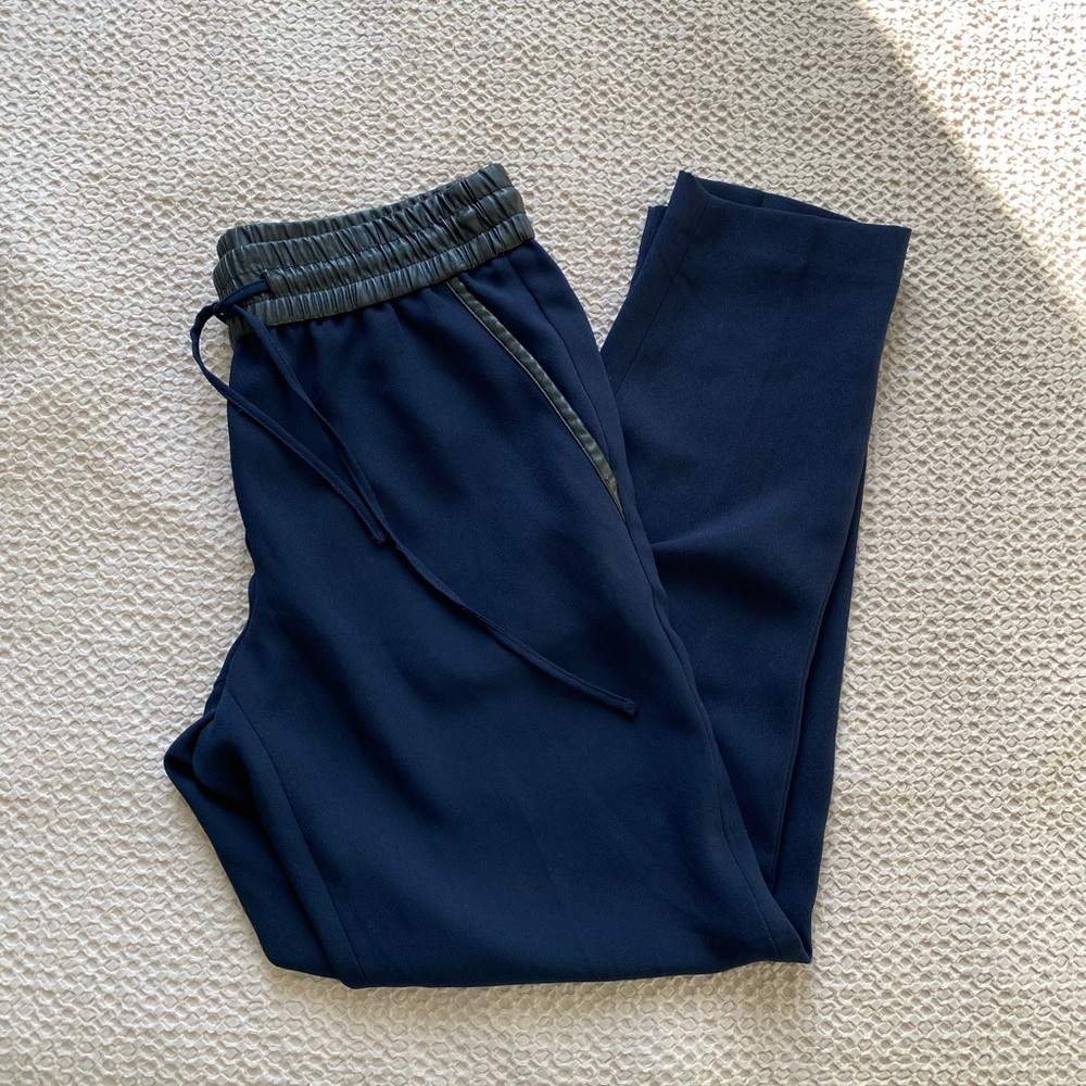 Ann Taylor Navy Faux Leather Trim Drawstring Pant